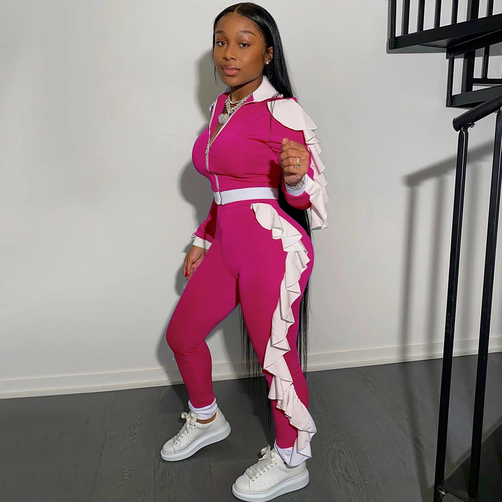 

Sexy Ruffles Two Pieces Tracksuits Women Outfits Autumn New Zipper Long Sleeve Crop Tops High Waist Leggings Pants Female Sets