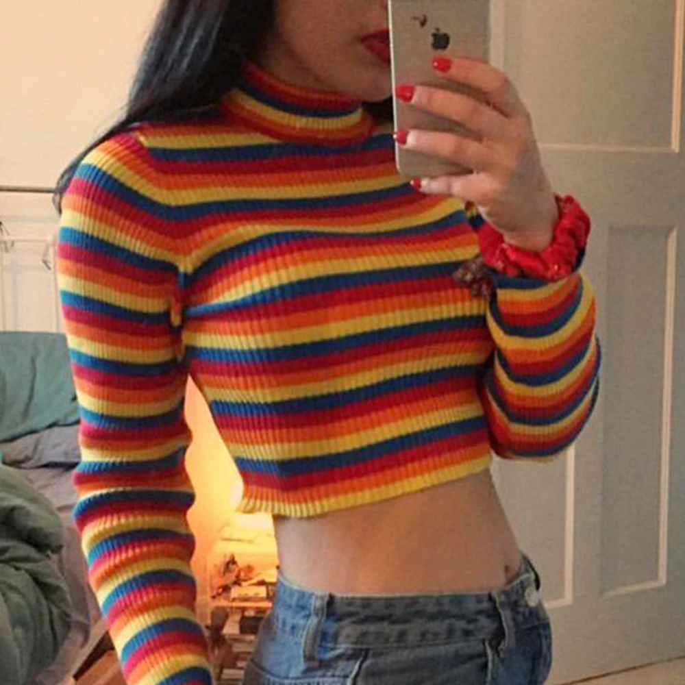Женский джемпер в радужную полоску облегающие вязаные свитера с высоким