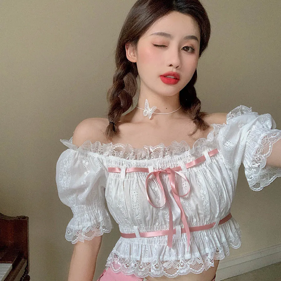 Женская рубашка с кружевами и воротником лодочкой короткий рукав кружевными