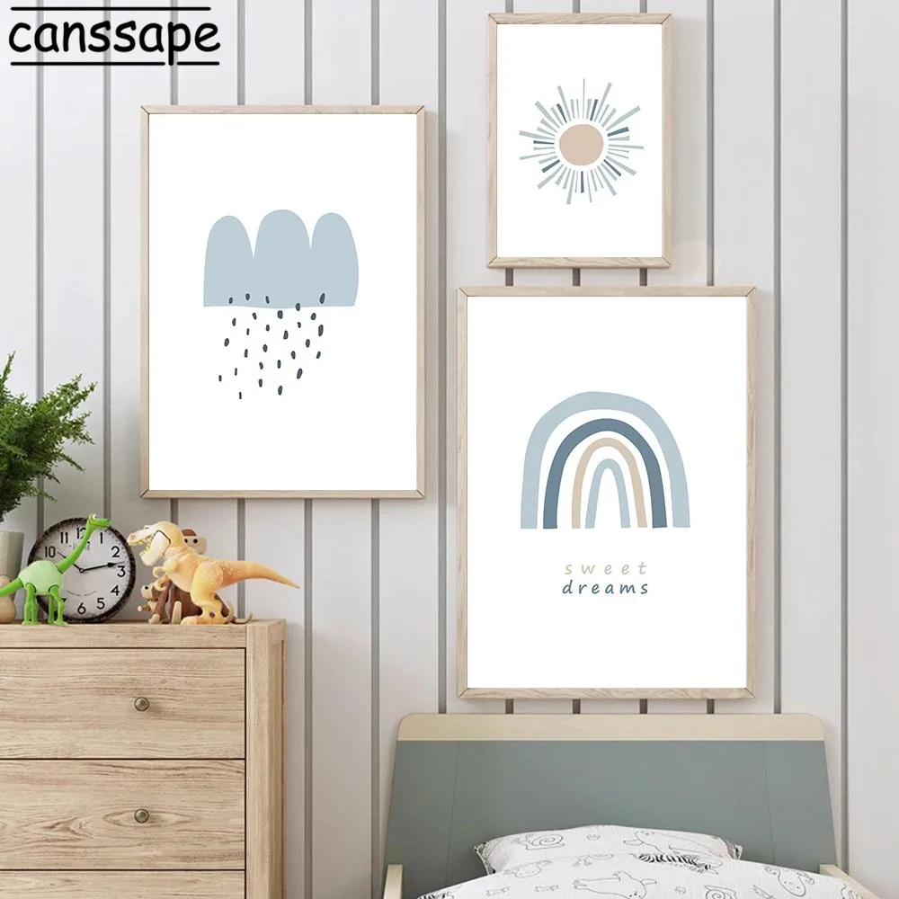 Картина на холсте для детской комнаты синий постер солнечный свет радуга