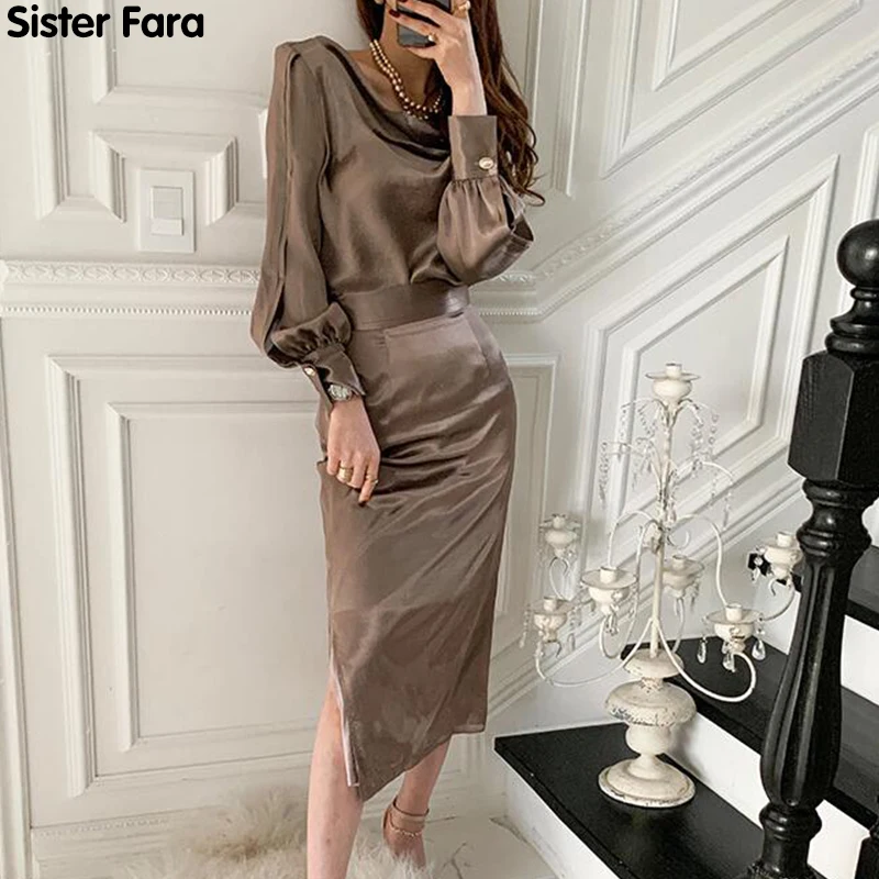 

Sister Fara 2021 New Spring Pile Collar Backless Shirt Women + High Waist Split Knee-Length Skirt Autumn Female 2 Pieces Suit