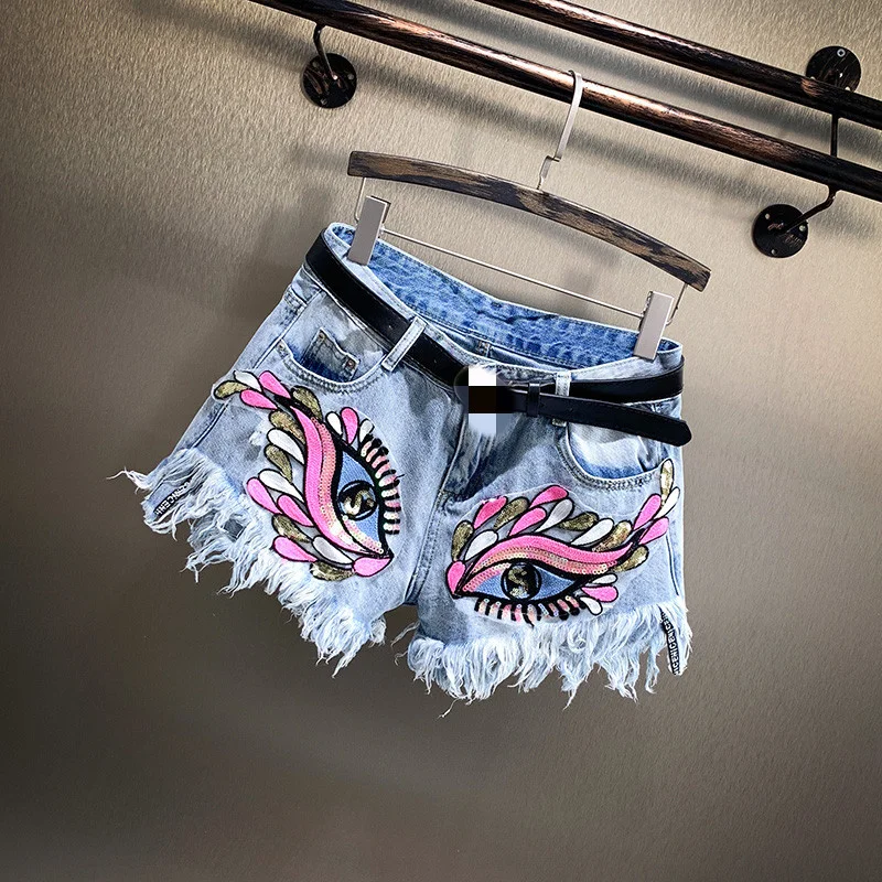 2022 Summer Women Cute 3D Cartoon Eyes Patchwork Tassel Denim Shorts Female Casual Streetwear Sequins Short Jeans Trousers