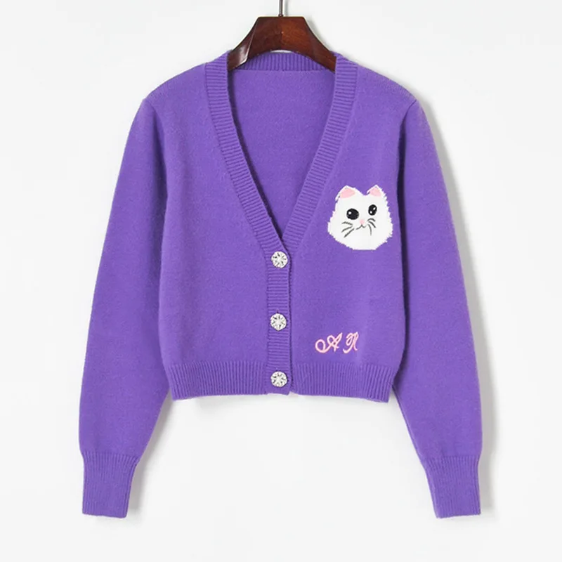 Женский Укороченный кардиган с V-образным вырезом трикотажный фиолетового цвета