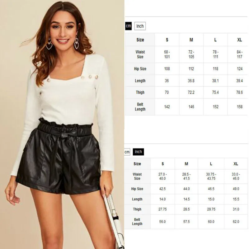

Women Black Color PU Leather High Waist Shorts with Belt Wide Leg Faux Leather Shorts High Quality Winter Loose PU Short Trouser