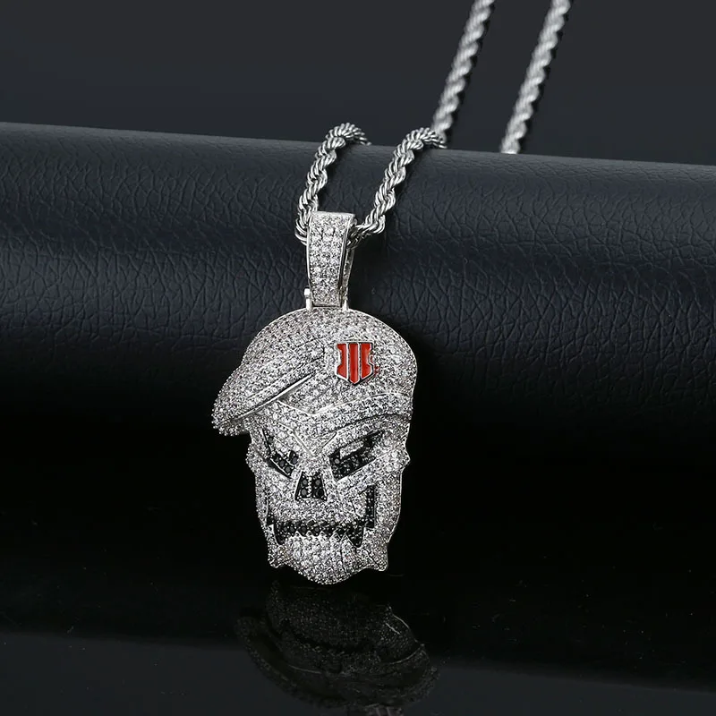 Черно-белый AAA CZ Stone Paved Bling Iced Out Cool Череп Подвески Ожерелье для мужчин и мальчиков