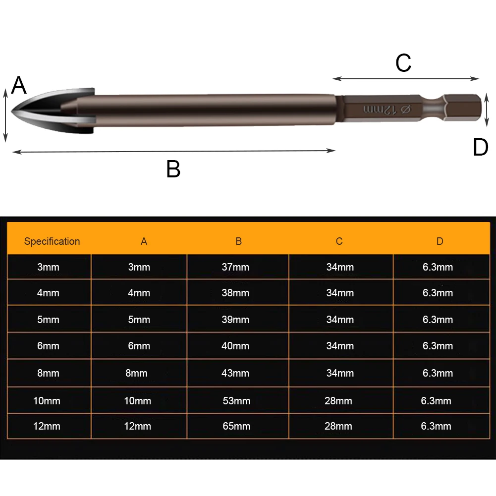 

3-12mm Cross Hex Tile Drill Bits Glass Ceramic Concrete Hole Opener 1/4" Hex Shank Brick Hard Alloy Triangle Bit Tool