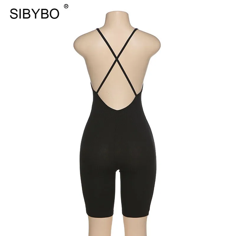 

SIBYBO Spaghetti Strap Short Rompers Jumpsuit Summer Women Rib Knitted Backless Bodycon Playsuit 2020 V Neck Sporty Overalls