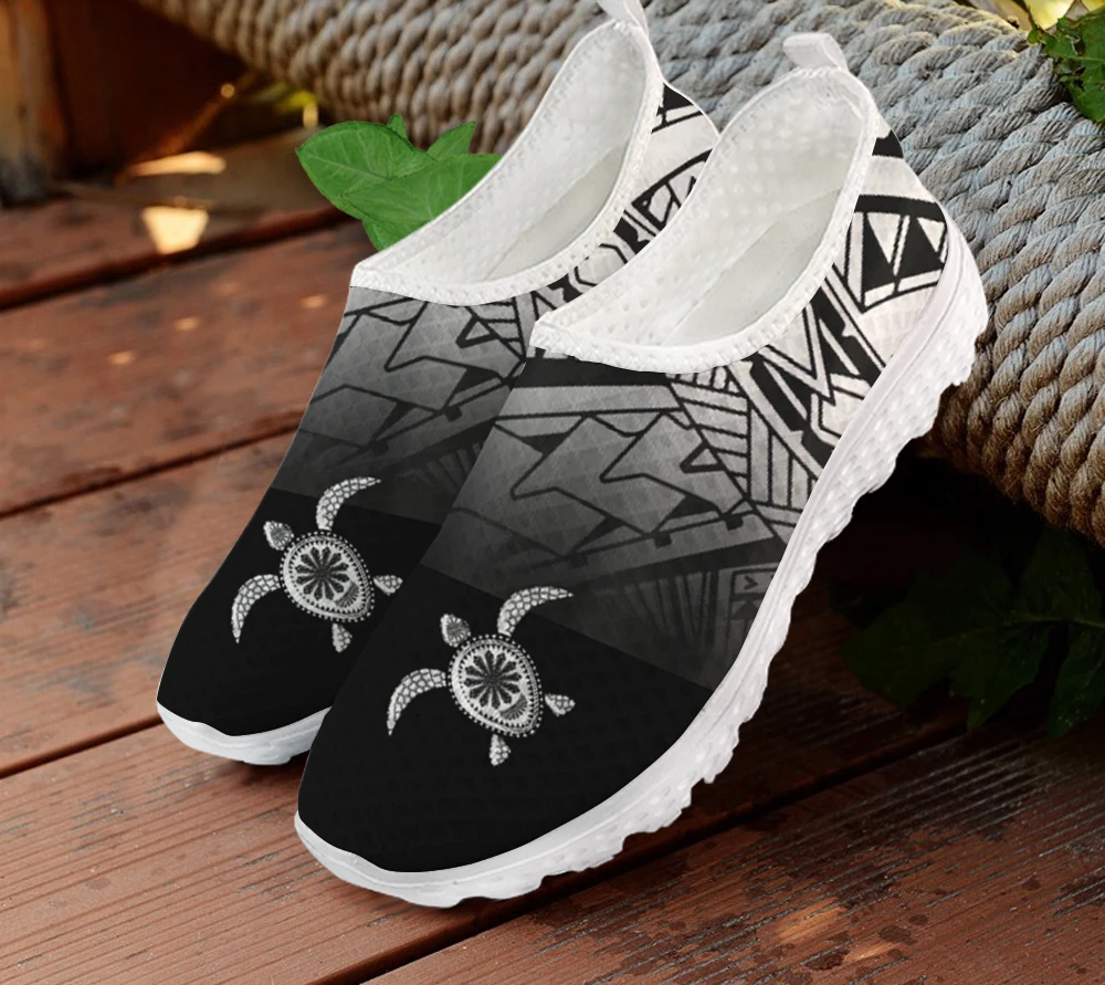 

INSTANTARTS Sea Turtle Tribal Polynesian Pattern Women Flat Shoe Breathable Mesh Sneaker Slip on Casual Footwear Loafers Shoes