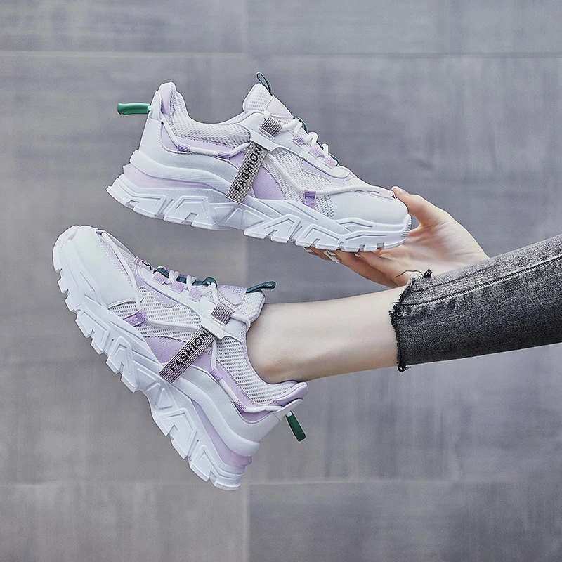 

Chunky sneaker women 2021 fashionable casual shoe leather patchwork platform sneaker with soft sole comfortable sports footwear