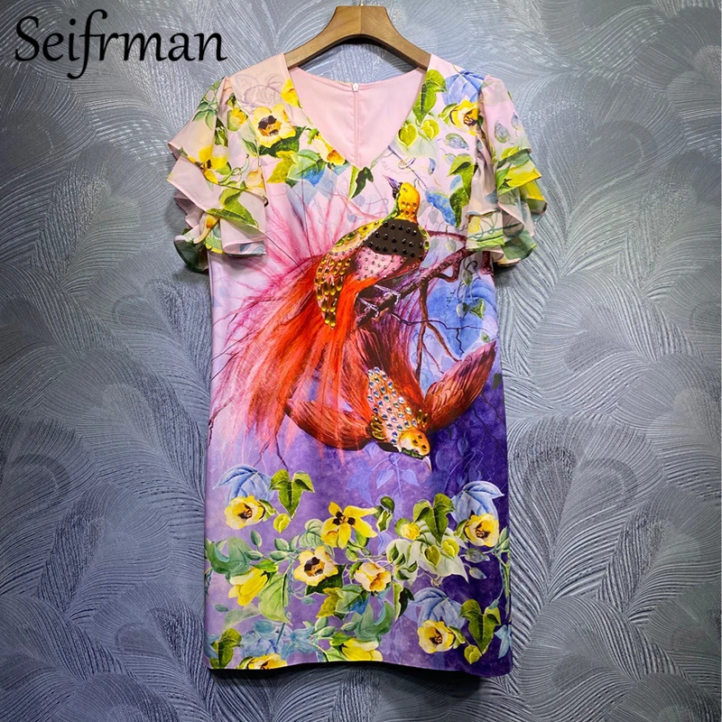 

Seifrmann Spring Women Fashion Designer Party Short Dress Butterfly Sleeve Gorgeous Crystal Beading Floral Print Loose Dresses