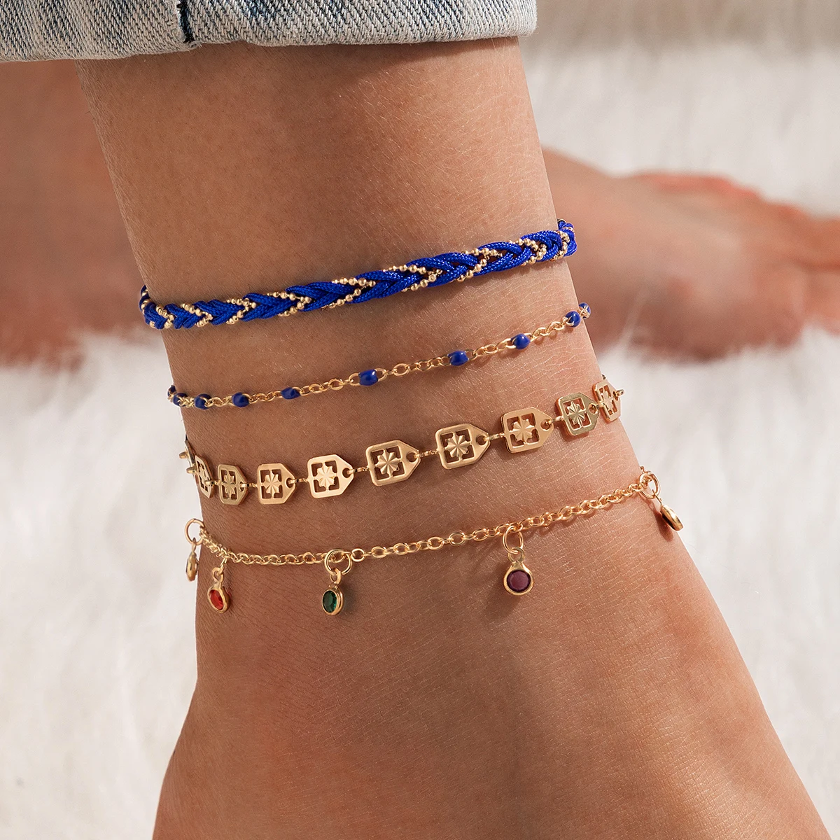 

docona 4pcs/sets Bohemia Handmade Rope Bead Anklets for Women Men Charms Cystal Tassel Barefoot Sandals Feet Chain Jewelry 16835
