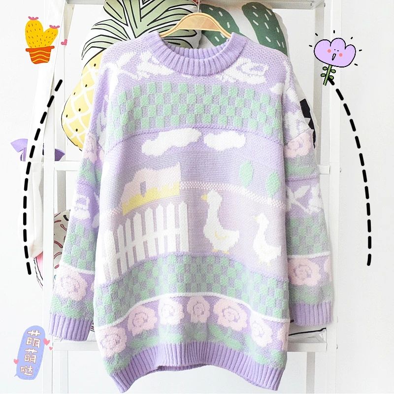 Вязаный свитер с вышитой уткой из мультфильма 2019 Зимний фиолетовый теплый