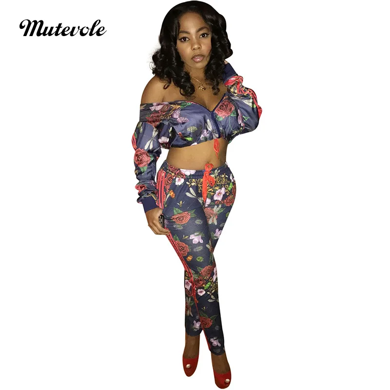 

Mutevole для женщин с длинным рукавом Цветочный принт комплект из двух предметов; Сезон весна-осень; На молнии топ и брюки для девочек штаны с по...