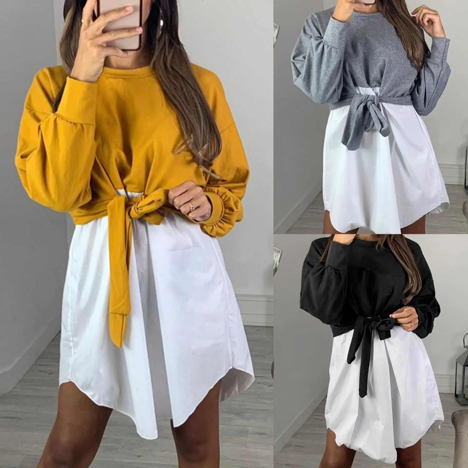 Модная повседневная женская рубашка с длинным рукавом платье круглым вырезом