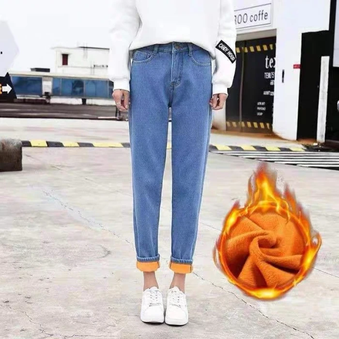 Джинсы женские осенние и зимние новые плюшевые джинсы с высокой талией свободные