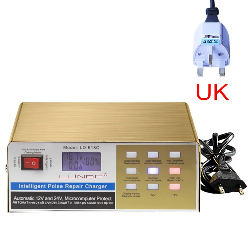 UK Английская версия 12 V/24 V автомобиль Батарея Зарядное устройство светодиодный Дисплей автоматический интеллектуальный импульсный ремонт Зарядное устройство для всех свинцово-кислотных Батарея - Цвет: UK