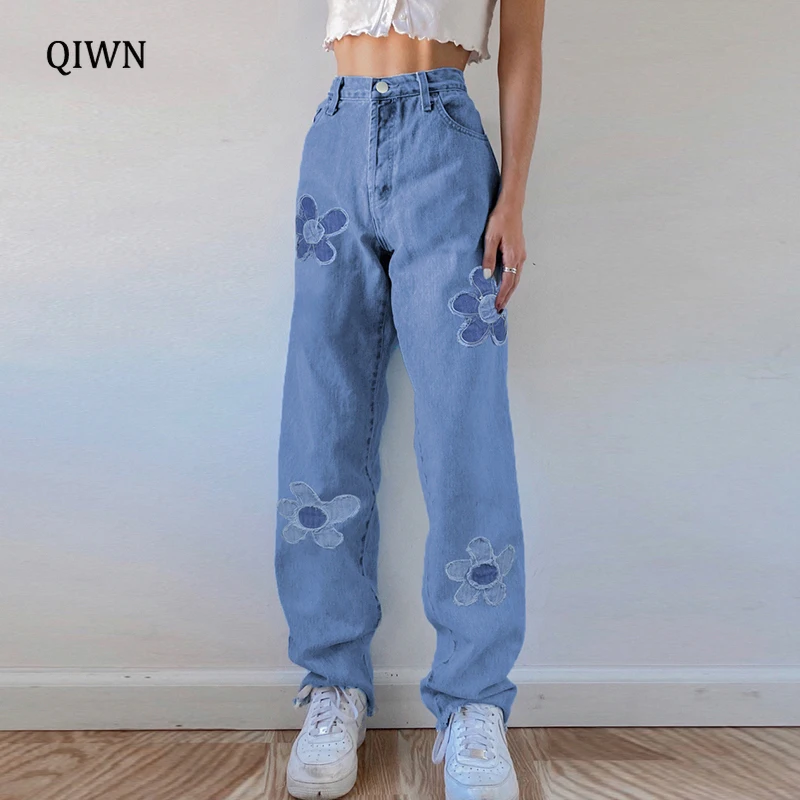 

2021 Blue Baggy Y2K Straight Jeans Woman Casual High Waist Sweatpants Floral Patches 90s Korean Denim Trousers Harajuku
