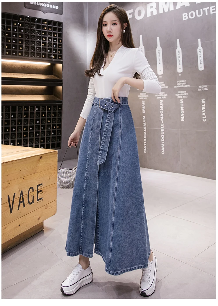 

Plus Size Autumn Winter Ladies Elegant High Waist Big Hem Flared Vintage Female Long Denim Skirts for Women S M L XL XXL XXXL