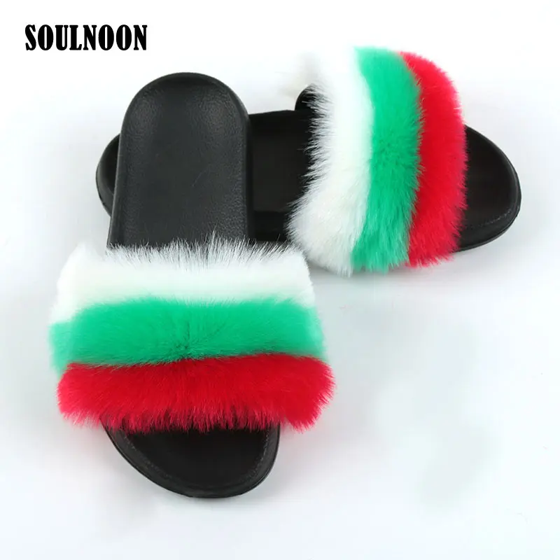 

Faux Fur Slippers Women Mixed Color Fur Fluffy Home Slippers Comfort Flat Fuzzy Slides Woman Plush Indoor Shoes Furry Flip Flops