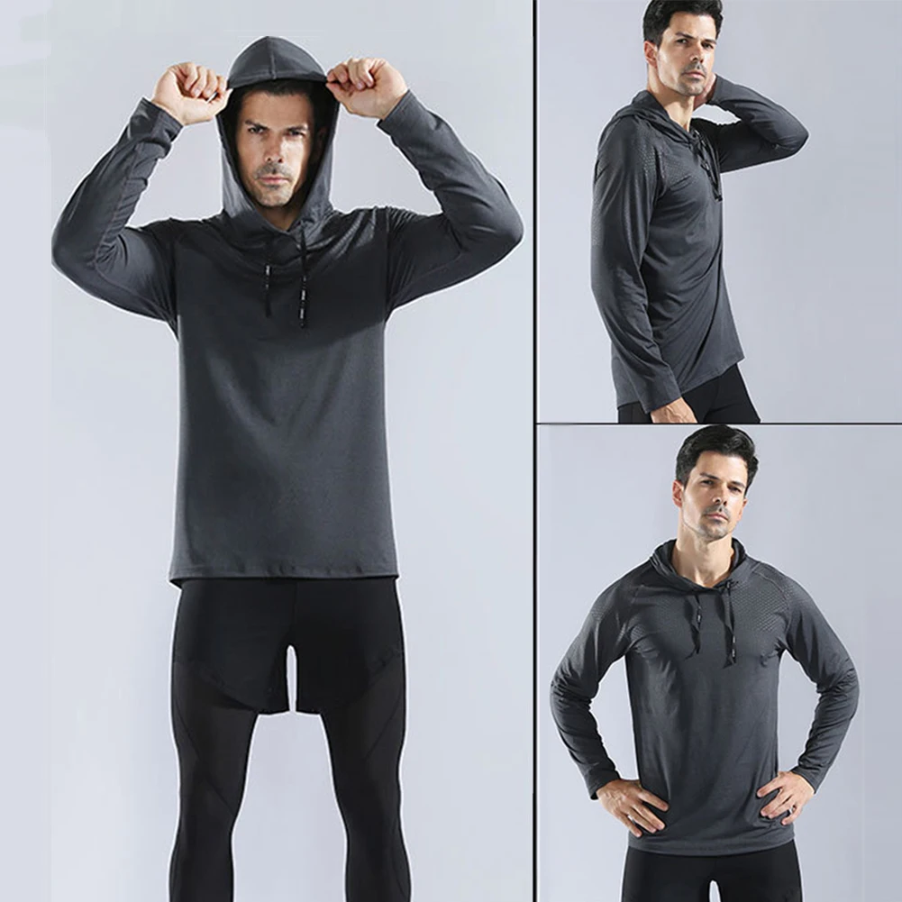 

Men Solid Color Elastic Quick Dry Running Training Sportswear Hoodie Sweatshirt Quick Dry Drawstring Hood Skin-friendly Hoodie