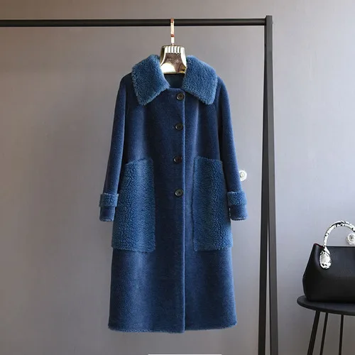 Dark blue OFTBUY парка с v-образным вырезом зимняя куртка Женское пальто из натурального меха тканая шерсть плюшевый флис медведь плюшевая верхняя одежда теплая уличная - Цвет: Dark blue