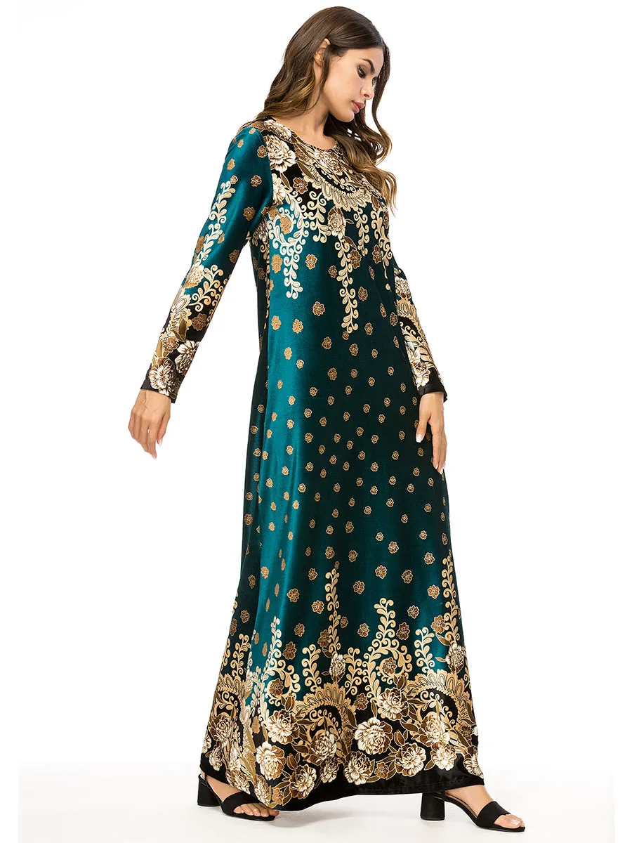 

WEPBEL Flower Printed Dress Muslim Abaya Women Long Sleeve Dress Fashion High Waist O Neck Loose Ankle Length