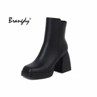 brangdy ins luxury women 8cm chunky high heels ankle boots square toe beige brown heels pastel boots vintage lady plus size sho