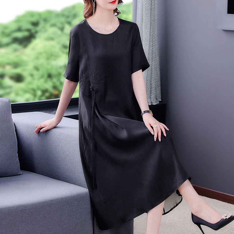 

2023 Women Vintage Black Natural Silk Dresses Summer Solid Embroidery Midi Dress Elegant Bodycon Party Evening Vestidos