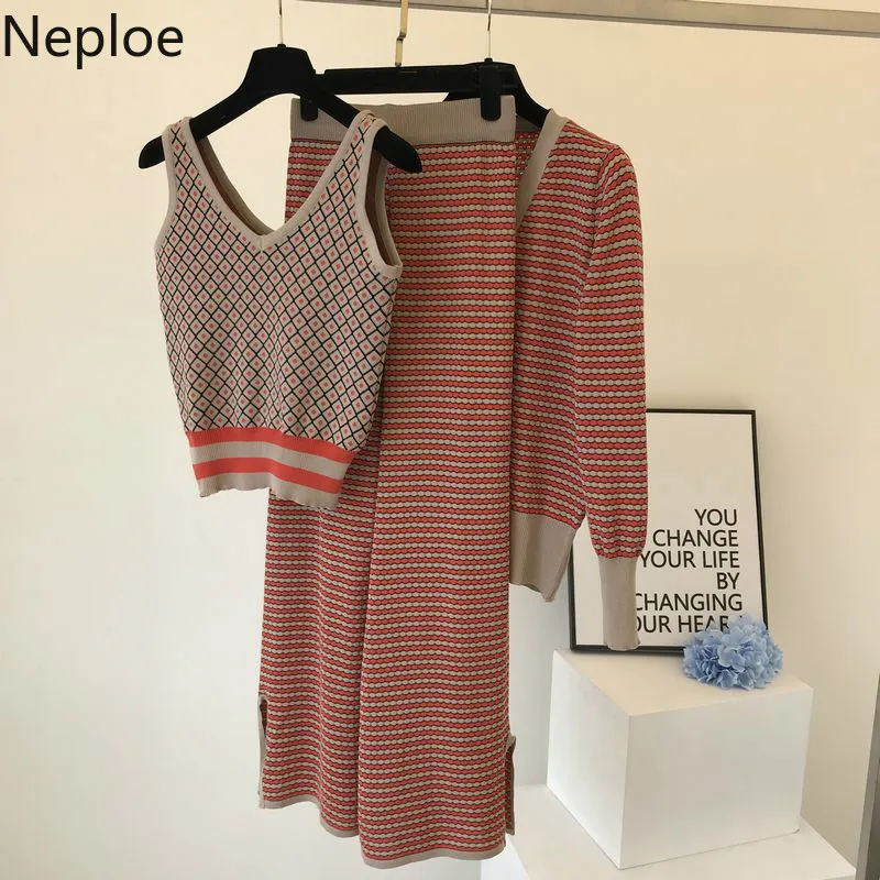 Neploe Осень Зима Новинка длинный рукав полосатый кардиган Сплит широкие брюки трикотажные три части женские элегантные тонкие 46442