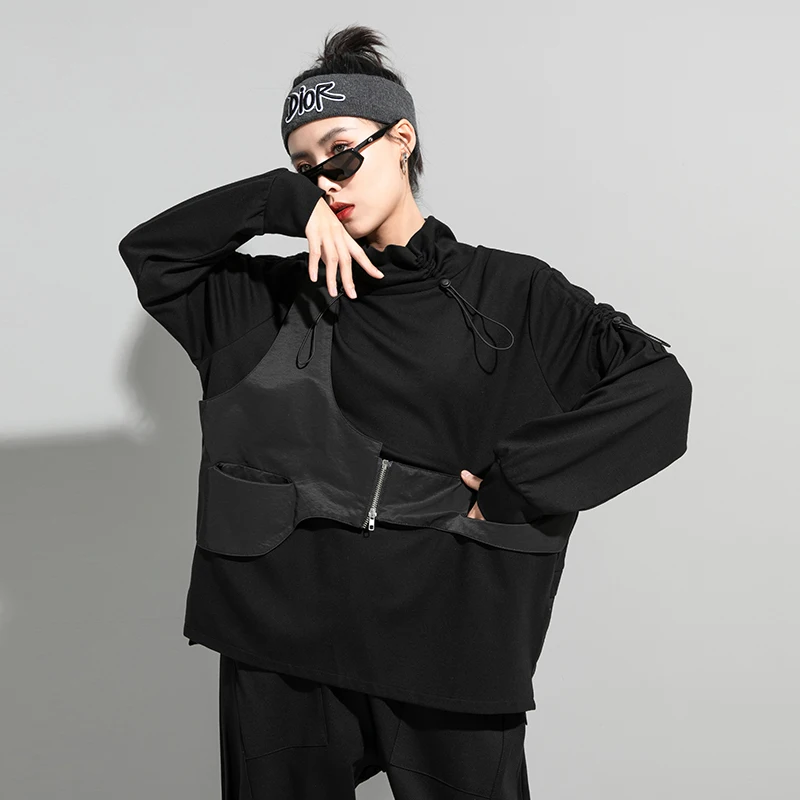 

SuperAen Autumn New Plus Size Black Women's T-shirt Splicing Fake Two Turtleneck Drawstring Loose Tops