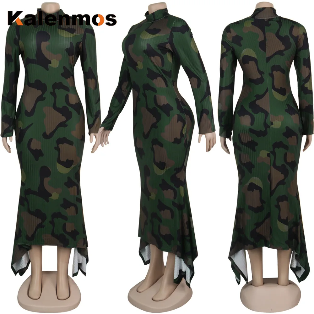 

KALENMOS Women Bodycon Dress Long Maxi Striped Leopard Camouflage Print Knitted Sexy Club Night Party Long Sleeve Chic Vestidos