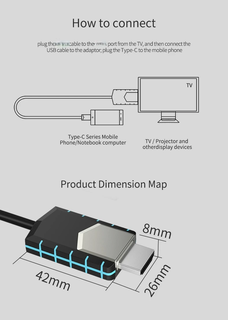

Type-C to 4K HDMI-compatible Cable Full-HD Mirscreen New Cable TC03 Instant Projection Connect Cell Phone to TV/GPS Navigation
