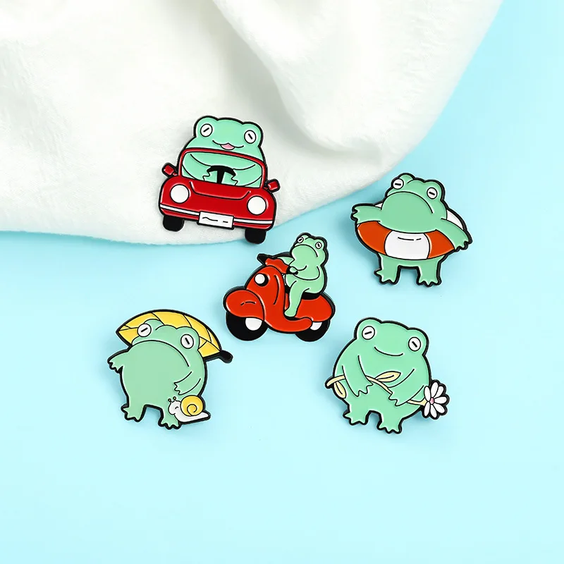 

Cartoon frog series brooch, mini car, swimming ring shape paint badge, cute animal pin, gift for friend
