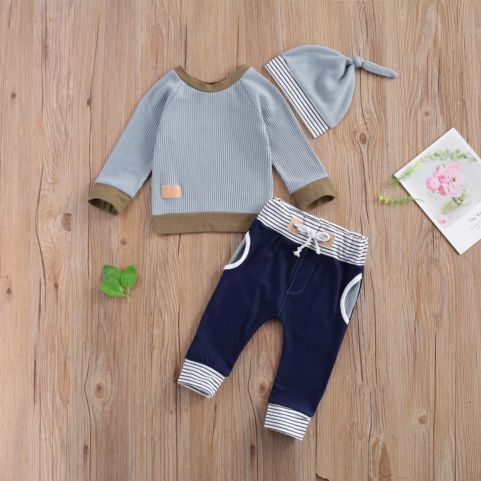 

3Pcs Ribbed Outfit Set Baby Boys Girls Clothes Patchwork Long Sleeve Pullover Striped High Waist Pants Hat for Toddlers