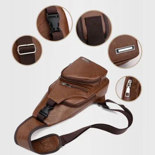 

Fashion Outdoor Male Men's Shoulder Bag Sling zipper Canvas Chest Pack PU Leather USB Charging Sports Crossbody Bag one size