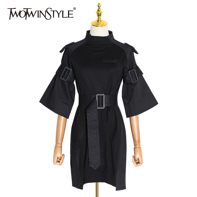 Платье водолазка TWOTWINSTYLE весеннее черное платье с расклешенными рукавами высокой