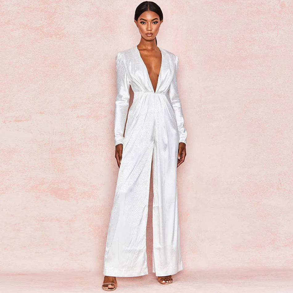 Шикарный слитный комбинезон макси с V-образным вырезом и длинным рукавом