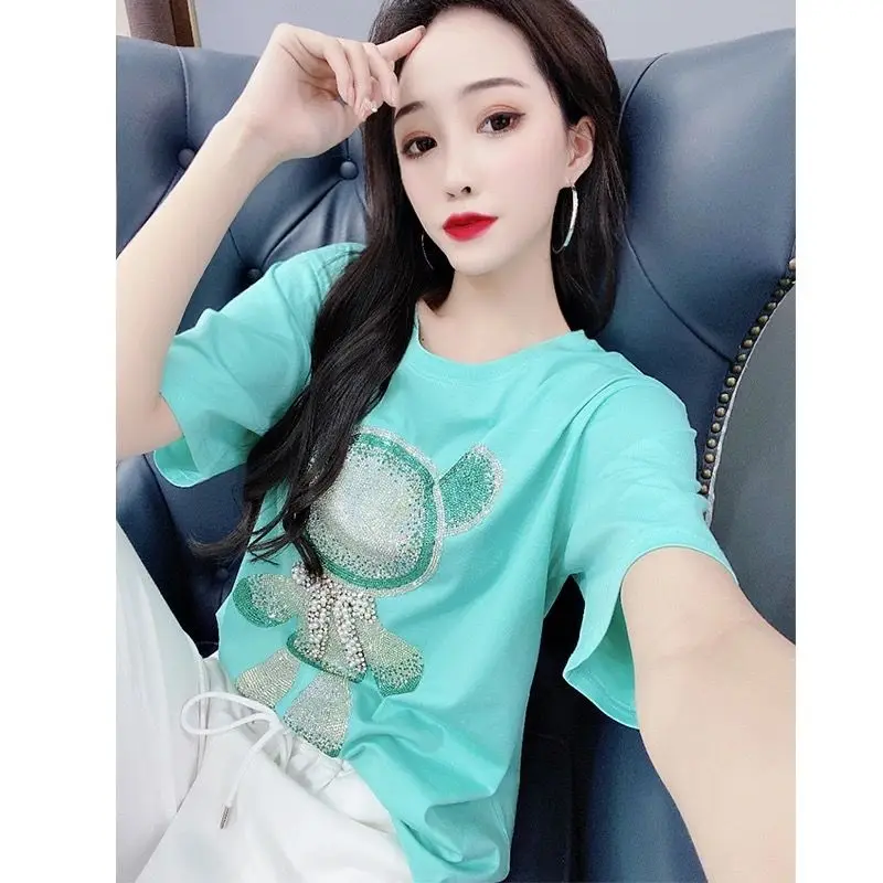 

2021 Summer Clothes T Shirt Cartoon Diamond Bear Short-Sleeved T-shirt Women All-Match Cotton Top