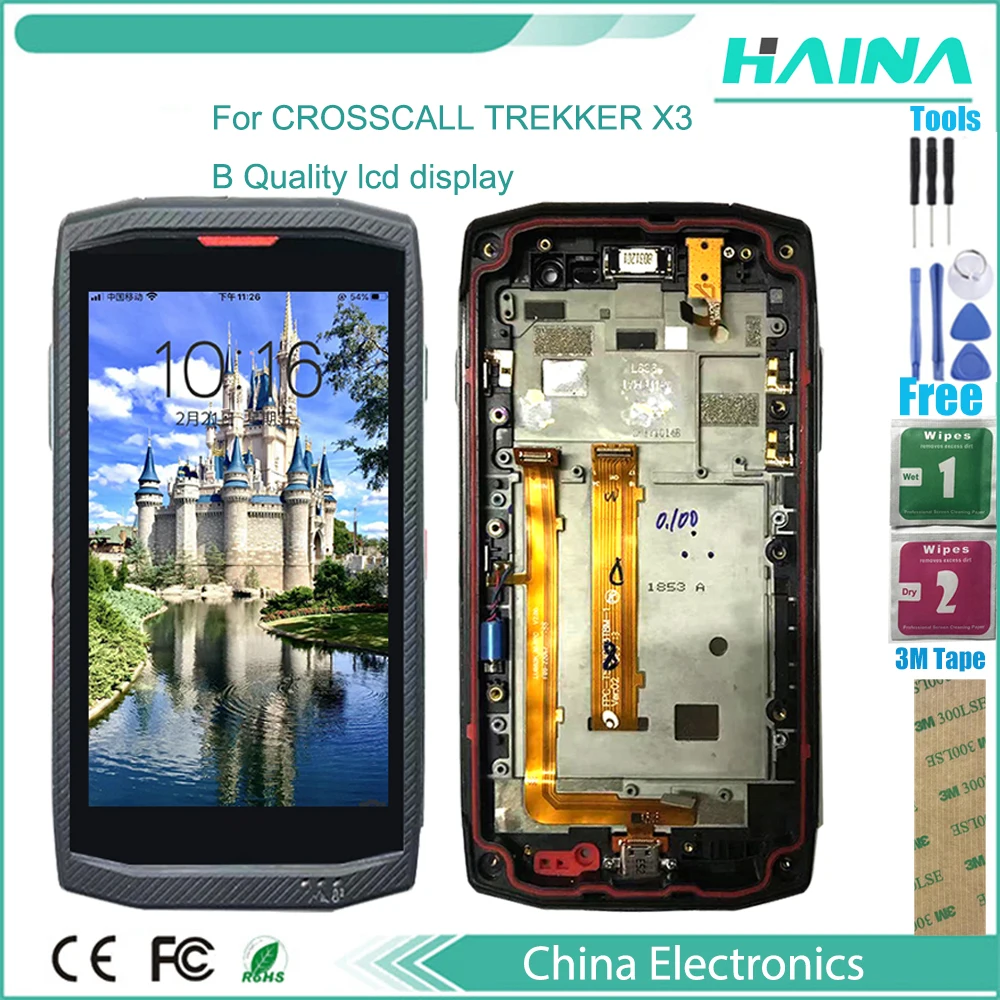 B kalite telefonu Crosscall Trekker X3 LCD ekran ile dokunmatik ekranlı sayısallaştırıcı grup değiştirme araçları + 3M sticker