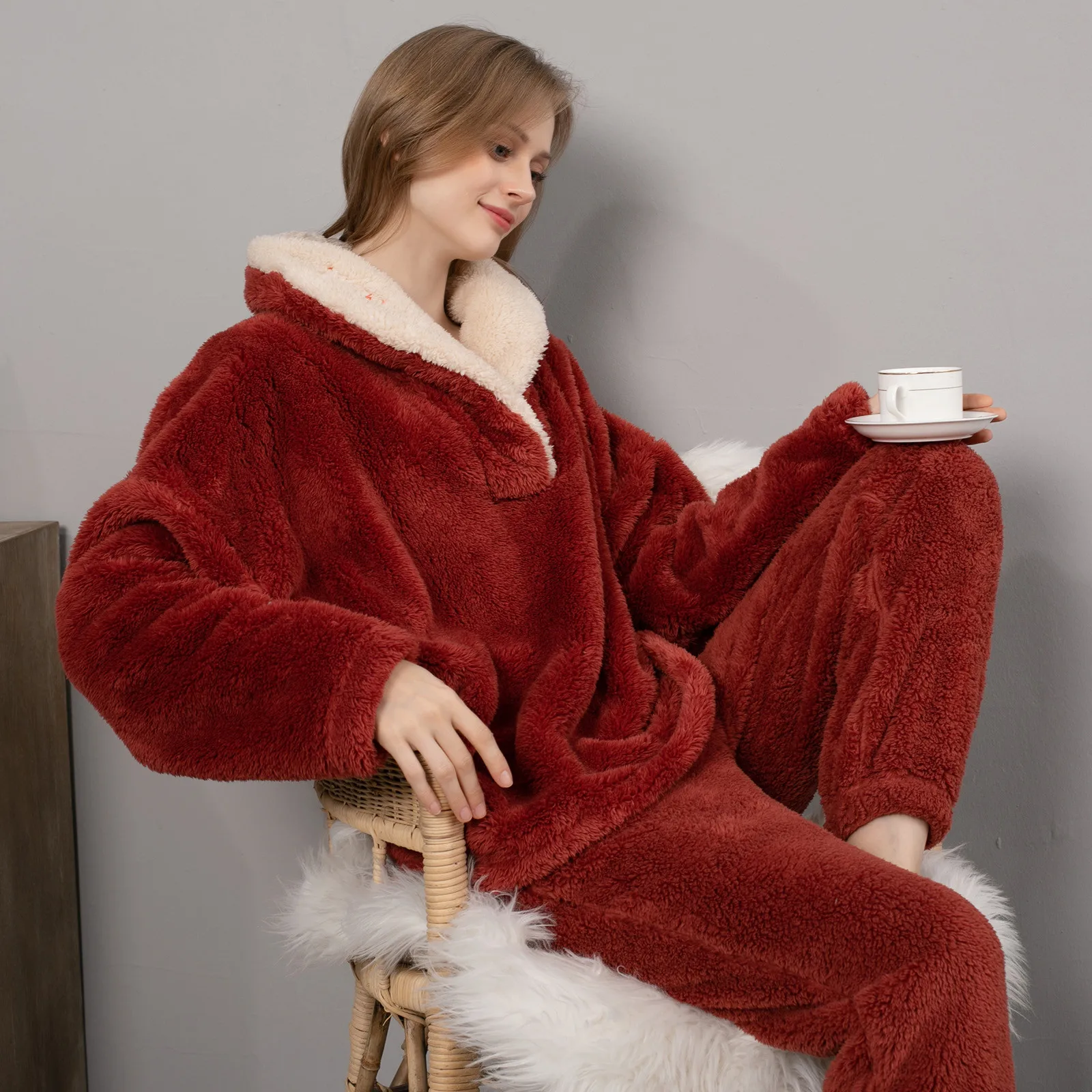 

Plush Home Service Women's Sleepwear Long Sleeve Hooded Pajamas Two Piece Set Home Service