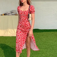 summer women vintage floral print dresses puff sleeve square collar side split mid lady casual dress french party wear vestidos