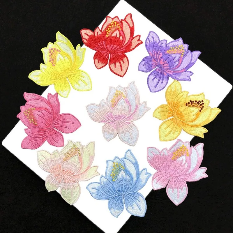 

20pcs/lot Embroidery Lotus Paste Cheongsam Dress Decorative Iron Patch Flower Accessories Heat Transfer Stickers for T Shirt