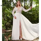 Женское свадебное платье с длинным рукавом, кружевное шифоновое богемное платье с разрезом по бокам