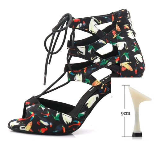 Black heel 9cm WUXIJIAO танцевальная обувь для латинских танцев; женская Тканевая обувь для сальсы с принтом «гусиная лапка»; профессиональная танцевальная обувь; Мягкая Обувь для бальных танцев - Цвет: Black heel 9cm