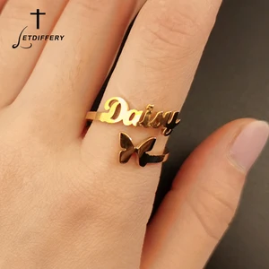 Кольца с именем бабочки для женщин, регулируемые кольца из нержавеющей стали