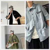 bx yichen original shirt summer new solid color labeling shirt male tide brand loose hong kong style couple casual shirt