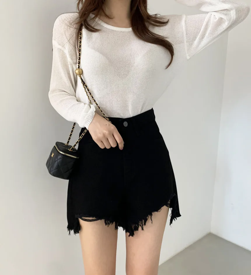 

South Korea's Chic Niche Design Round Collar Front and Rear Two Wear Cross Hollow Thin Long-sleeved Knitted T-shirt