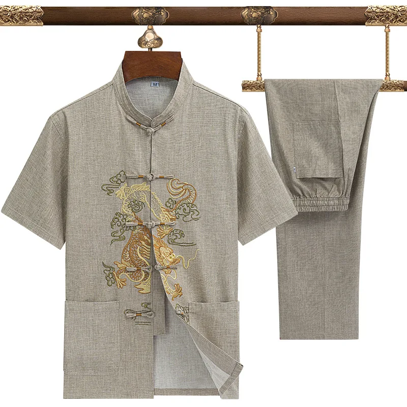 

Gray Mandarin Collar Male Kong Fu Set Short Sleeve Summer New Chinese Style Tang Suit Men Casual Oversize Shirt&Pant