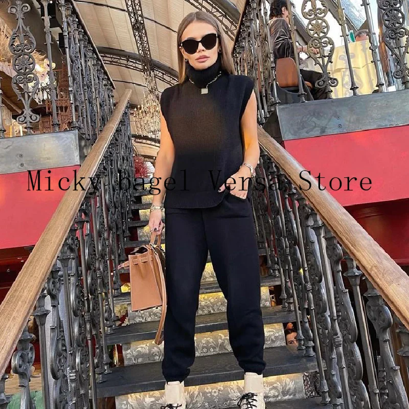 

High end quality fashion high neck off shoulder short sleeve sweater sweater elastic high waist legged casual pants women's suit