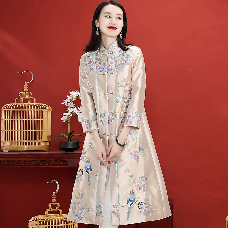 

Autumn New Windbreaker Retro Embroidery Women's Chinese Style Stand-Up Collar Slim Mid-Length Coat Plus Size S-2XL